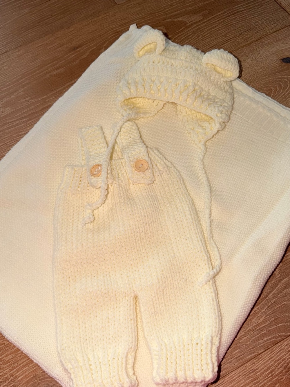Soft Knit Baby Bear Hat and Overall Set - Cream
